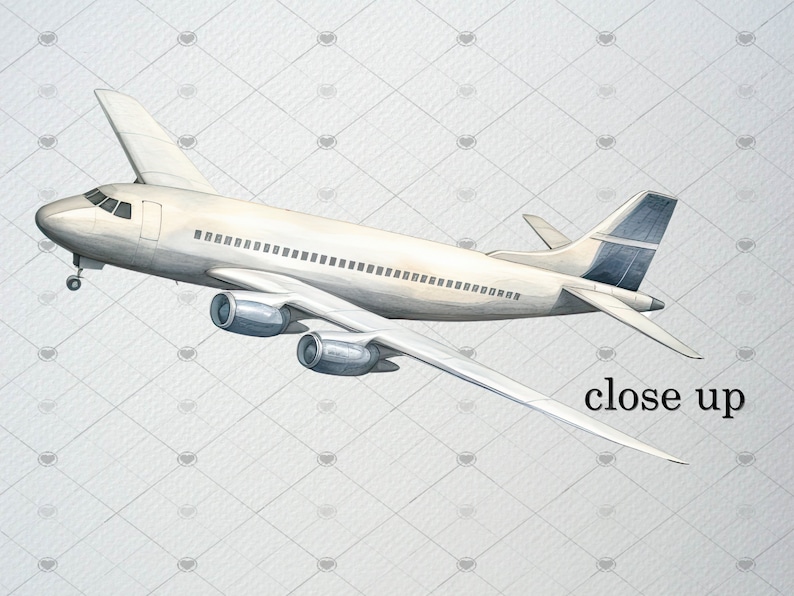 May include: A white aeroplane with a blue tail fin, drawn in pencil on a white background. The aeroplane is in flight and the text "close up" is written below it.
