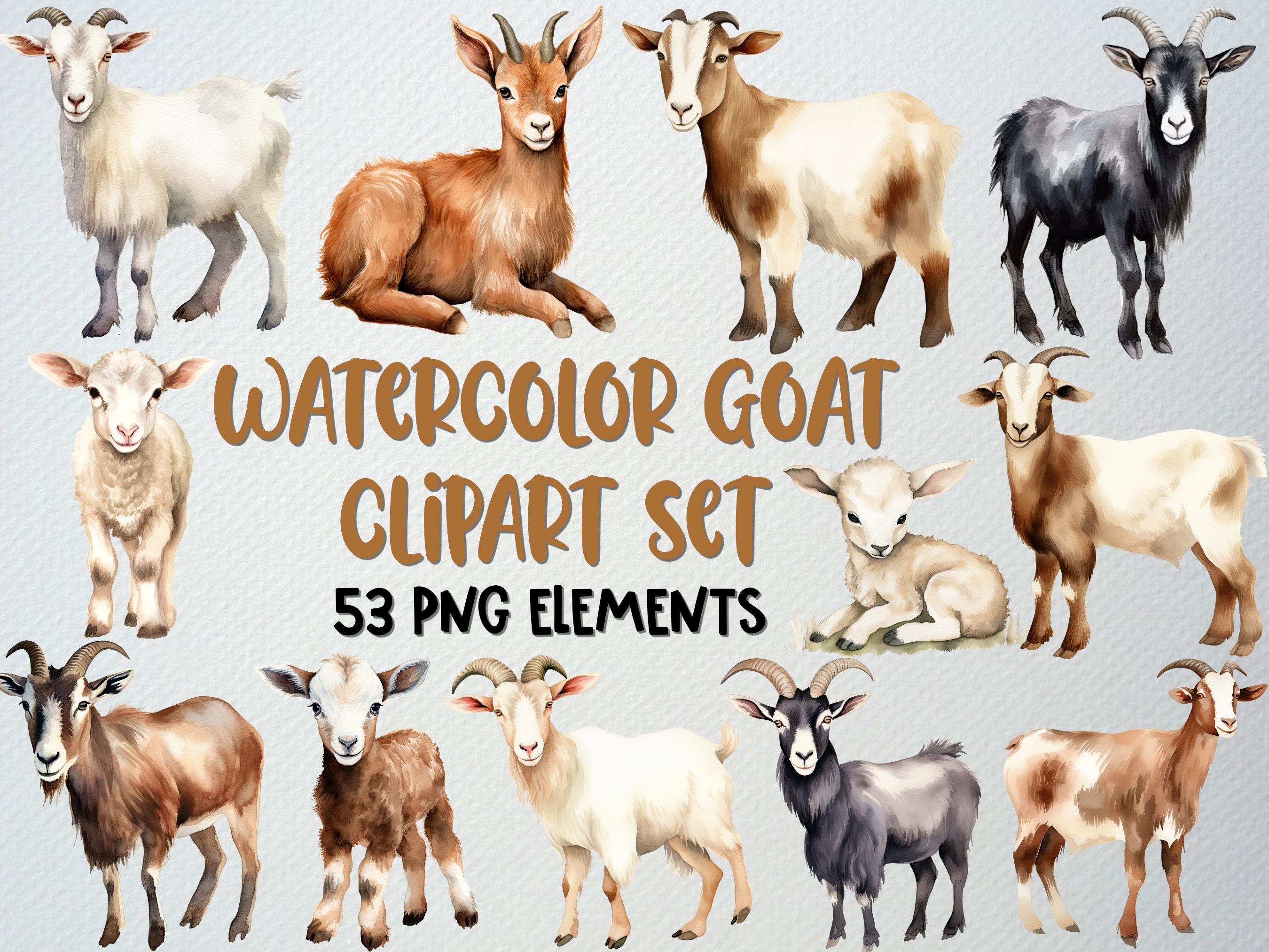 Watercolor Goat Clipart Set Of 53 PNG Files, Goat Illustration, Lamb Clipart, Cute Goat Clipart, Baby Goat Clipart, COMMERCIAL LICENSE