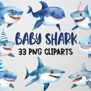 Watercolor Baby Shark Clipart Set Of 33 PNG Files, Baby Shark Birthday, Cute Shark Clipart, Shark Illustration, COMMERCIAL LICENSE