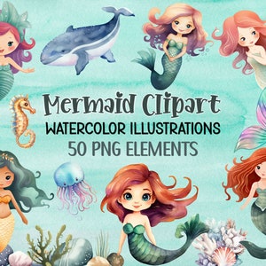 Aquarelle de sirène Clipart lot de 50 fichiers PNG, petite sirène Clipart, Clipart bébé sirène, océan Clipart, Clipart queue de sirène