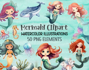 Watercolor Mermaid Clipart: 50 PNG Files, Ocean Baby Shower (Digital Download)