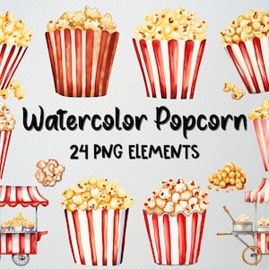 Watercolor Popcorn Clipart Set Of 24 PNG Files, Popcorn Bucket Clipart, Snack Clipart, Movie Night Clipart, COMMERCIAL LICENSE