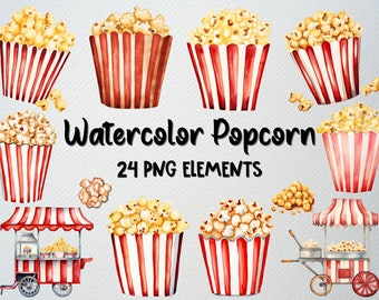 Clipartset aquarel popcorn: 24 png-afbeeldingen filmavondsnack (commerciële licentie)