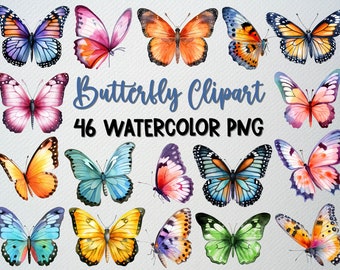 Watercolor Butterfly Clipart Set: 46 PNG Files, Commercial License