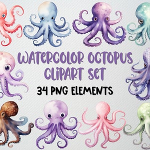 Aquarell Oktopus Clipart Set von 34 PNG-Dateien, Meerestiere Clipart, Unterwasser Clipart, Oktopus Illustration, KOMMERZIELLE LIZENZ