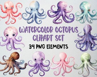 Watercolor Octopus Clipart Set: 34 PNG Sea Animal Illustrations (Commercial License)
