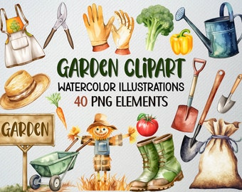 Watercolor Garden Clipart Set: 40 PNG Files, Garden Tools (Instant Download)