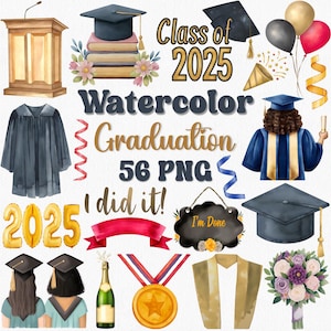 Aquarell Graduierung Clipart, Graduierung PNG, Klasse von 2025 Clipart, Diplom Aquarell, Mütze und Kleid, Graduate Party Einladung Grafik