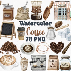 Watercolor Coffee Clipart Set: 78 PNG Files (Digital Download)
