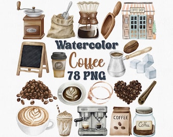 Watercolor Coffee Clipart Set: 78 PNG Files (Digital Download)