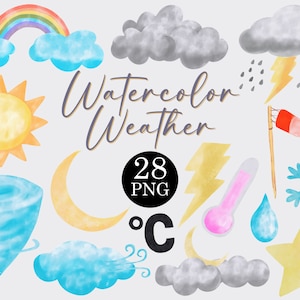 Watercolor Weather Clipart Set Of 28 PNG Files, Rainbow Clipart, Cloud Clipart, Sun Clipart, Sky Clipart, Cute Weather, COMMERCIAL LICENSE
