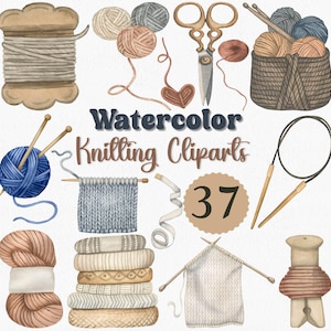 Watercolor Knitting Clipart Set, 37 PNG, Yarn Balls, Needles, Craft Elements, Knitting PNG for Printables, Planners & DIY Projects