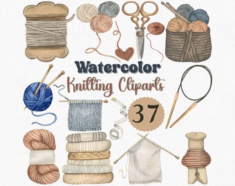 Conjunto de imágenes prediseñadas de tejido en acuarela: Hilo, agujas y elementos para manualidades (37 PNG) (Descarga digital)