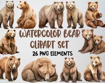 Conjunto de imágenes prediseñadas de oso de acuarela: 26 archivos PNG, uso comercial