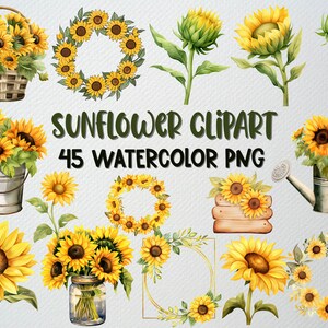 Watercolor Sunflower Clipart Set Of 45 PNG Files, Floral Clipart, Sunflower Wreath, Sunflower Border, Flowers Clipart, COMMERCIAL LICENSE
