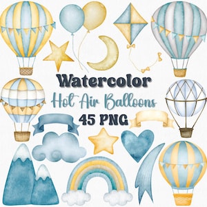 Watercolor Hot Air Balloon Clipart Set, 45 PNG Files, Baby Shower, Nursery Decor, Adventure Theme, Baby Boy Clipart, Travel Theme Clipart