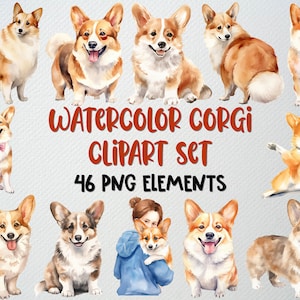 Aquarell Corgis Clipart Set von 46 PNG-Dateien, süßer Hund Clipart, Haustier Clipart, Corgis Illustration, süßes Tier Clipart, KOMMERZIELLE LIZENZ