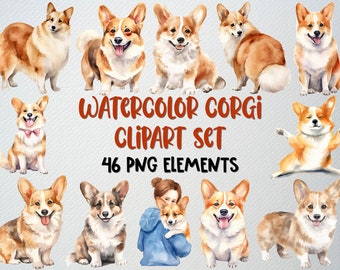 Watercolor Corgi Clipart Set Of 46 PNG Files, Cute Dog Clipart, Pet Clipart, Corgi Illustration, Cute Animal Clipart, COMMERCIAL LICENSE