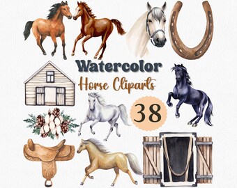 Watercolor Horse Clipart Set: Rustic Farm Animal PNGs (Digital Download, 38 Files)