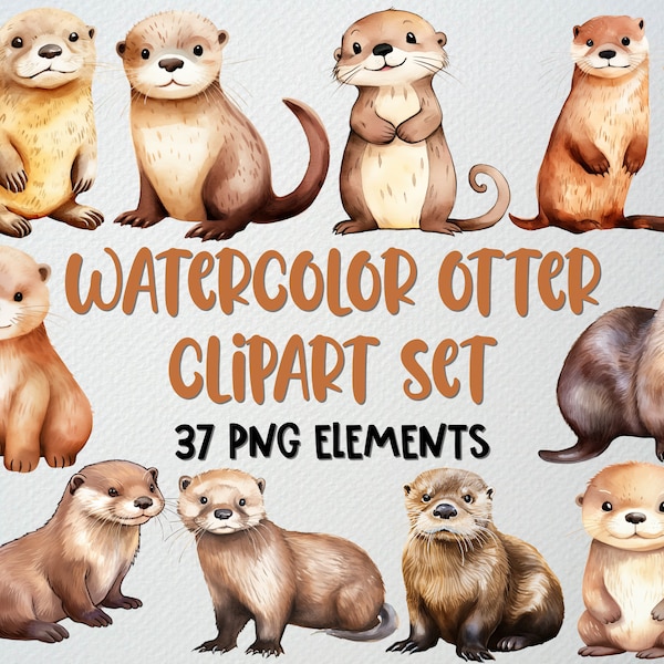 Watercolor Otter Clipart Set Of 37 PNG, Cute Otter Clipart, Sea Otter Clipart, Baby Otter Clipart, Otter Illustration, COMMERCIAL LICENSE