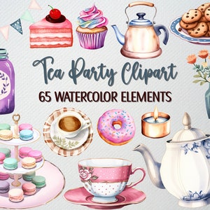 Aquarell Teeparty Clipart-Set mit 65 PNG-Dateien, Teekanne Clipart, PNG Teeparty, Gartenteeparty, Frühling Clipart, kommerzielle Lizenz