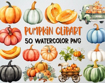 Akvarell pumpa clipart set: 50 PNG höstgrafik (kommersiell licens)