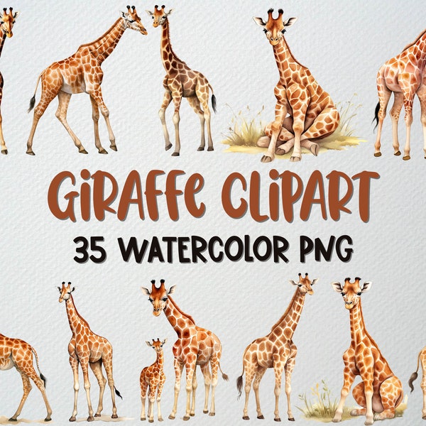 Watercolor Giraffe Clipart Set Of 35 PNG Files, Baby Giraffe Clipart, Baby Giraffe Png, Safari Clipart, Animal Clipart, COMMERCIAL LICENSE