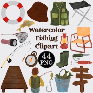 Aquarel vissen clipartset, hengel clipart, zomer clipart, Vaderdag clipart, visser clipart, COMMERCILE LICENTIE