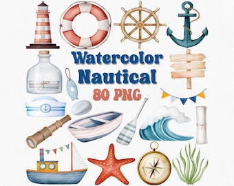 Watercolor Nautical Clipart: Ocean PNG Set (80 Files)