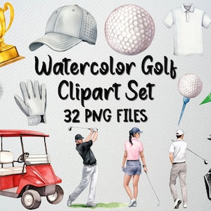 Conjunto de clipart de golfe em aquarela com 32 arquivos PNG, clipart de esportes, clipart de golfe, ilustração de golfe, clipart de bola de golfe, LICENÇA COMERCIAL