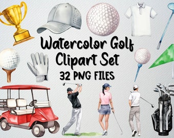 Watercolor Golf Clipart Set: Sports Illustrations (32 PNG Files)