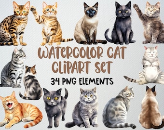 May include: A set of 34 watercolor cat illustrations. The cats are in various poses and colors, including tabby, calico, Siamese, and black. The illustrations are perfect for use in digital scrapbooking, card making, and other creative projects.
