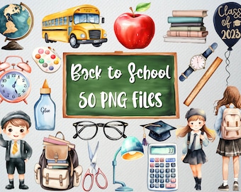 Watercolor Back To School Clipart Set: 50 PNG Files (Commercial License)
