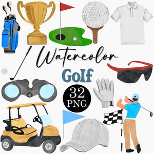 Set di clipart PNG di golf ad acquerello, clipart sportive, mazza da golf, carrello da golf, sacca da golf, pallina da golf, campo da golf, clipart di golfista, uso commerciale