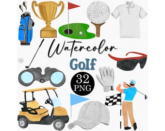 Watercolor Golf Clipart PNG Set: Sports Illustrations (Commercial Use)