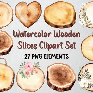 Aquarel houten plakjes clipart set van 27 png-bestanden, florale houten segmenten clipart, rustieke houten clipart, houten bord clipart, commerciële licentie