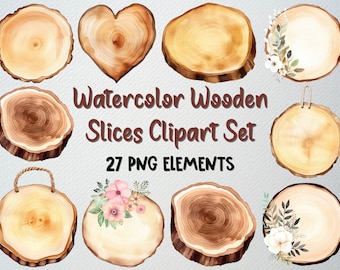Watercolor Wood Slices Clipart Set: 27 Floral PNG Files (Commercial License)