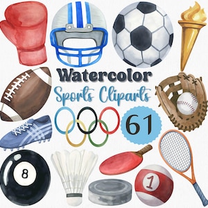 Watercolor Sports Clipart Set - 61 PNG Files | Football, Basketball, Baseball, Soccer, Tennis, Golf  | Sports PNG Bundle for DIY Crafts