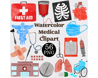 Watercolor Medical Clipart Set: 56 PNG Files, Commercial Use