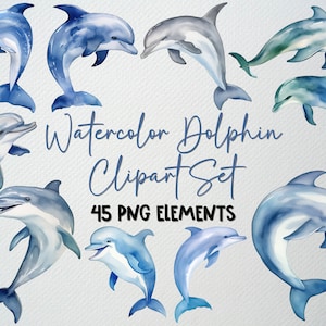 Aquarell Delphin Clipart-Set von 45 PNG-Dateien, Ozean Tier Clipart, Niedlicher Delphin Clipart, Meerestier Clipart, KOMMERZIELLE LIZENZ