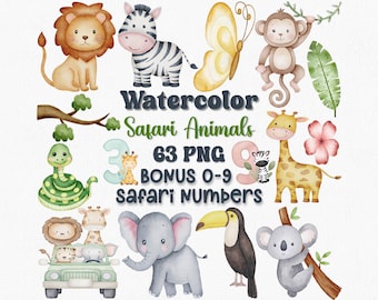 Watercolor Safari Animals Clipart: Jungle Nursery Art (Digital Download)