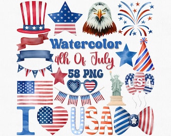 Clipart aquarelle du 4 juillet : ensemble PNG patriotique (58 fichiers)