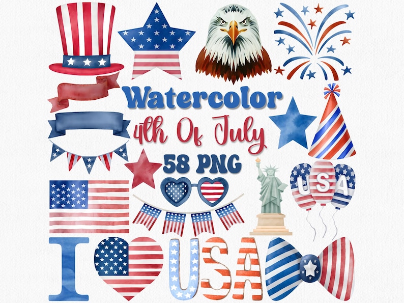 Watercolor 4th of July Clipart: Patriotic PNG Set (58 Files) - Etsy