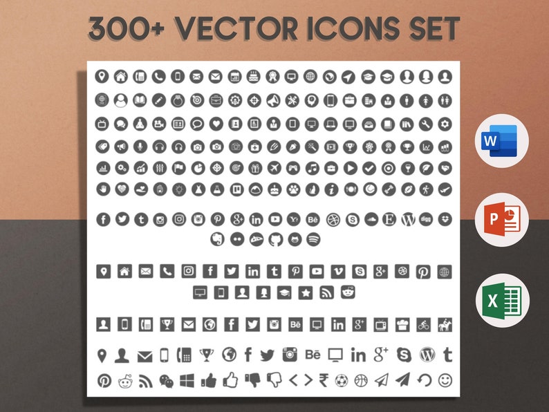 May include: A white sheet with over 300 black and white vector icons arranged in rows. The icons represent various social media platforms, websites, and other common symbols. The text "300+ VECTOR ICONS SET" is at the top of the sheet.