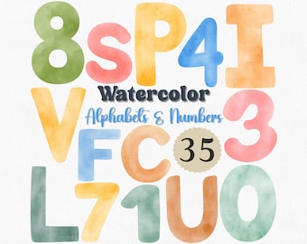 Clipart con alfabeto e numeri ad acquerello: decorazioni per la cameretta dei bambini dipinte a mano (download digitale PNG)