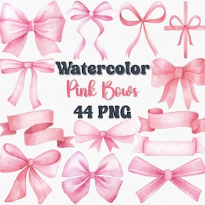 Watercolor Pink Bows Clipart Set: 44 PNG Files (Digital Download)
