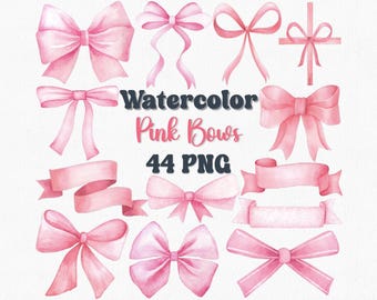 Watercolor Pink Bows Clipart Set: 44 PNG Files (Digital Download)