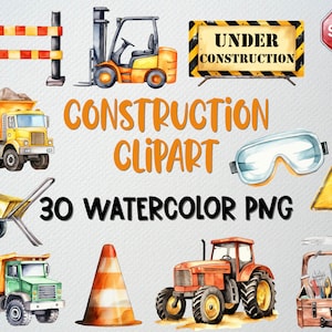 Conjunto de clipart de construção em aquarela com 30 PNG, clipart de caminhão, clipart de escavadeira, clipart de caminhão basculante, clipart de guindaste, LICENÇA COMERCIAL