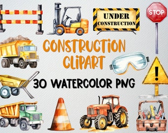 Watercolor Construction Clipart Set: 30 PNG Illustrations (Commercial License)