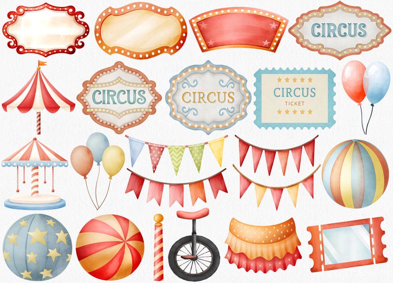 Watercolor Circus Clipart Set: 111 Carnival PNG Graphics (digital ...